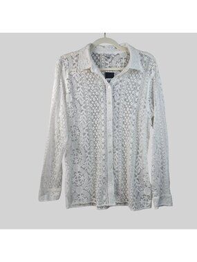 Guess Sheer Floral Lace Button Down Shirt Small White Boho Embroidered Artsy Top